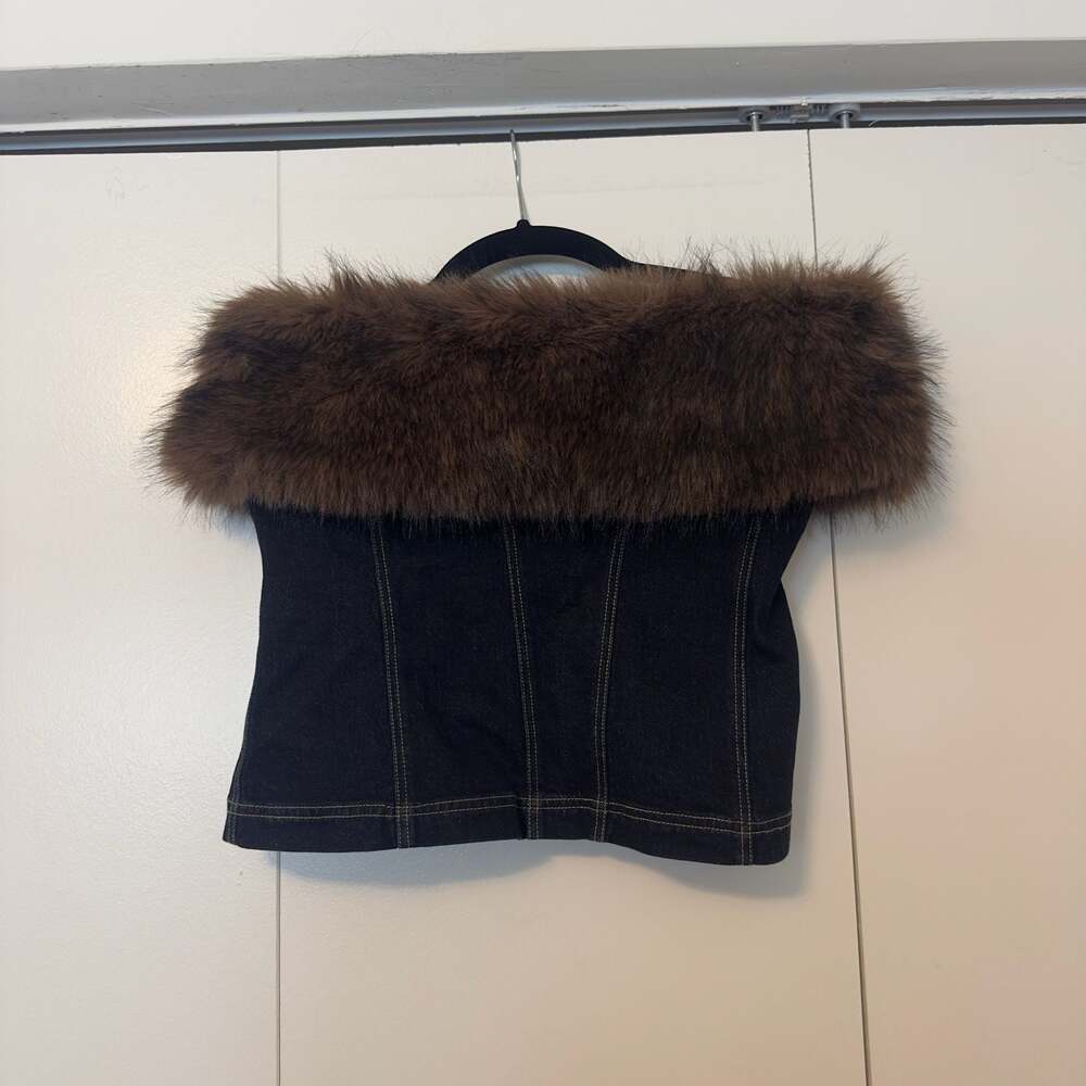 Pilcro Denim Faux Fur Trim Strapless Top Size XS